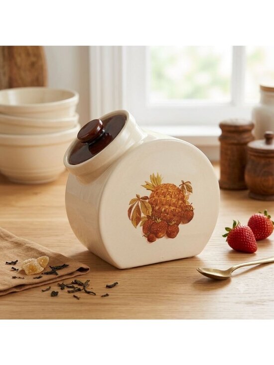 Hyalyn Pottery Other - Vintage Hyalyn USA Tilted Cookie Jar Canister Pineapple Strawberry Fruit 9"